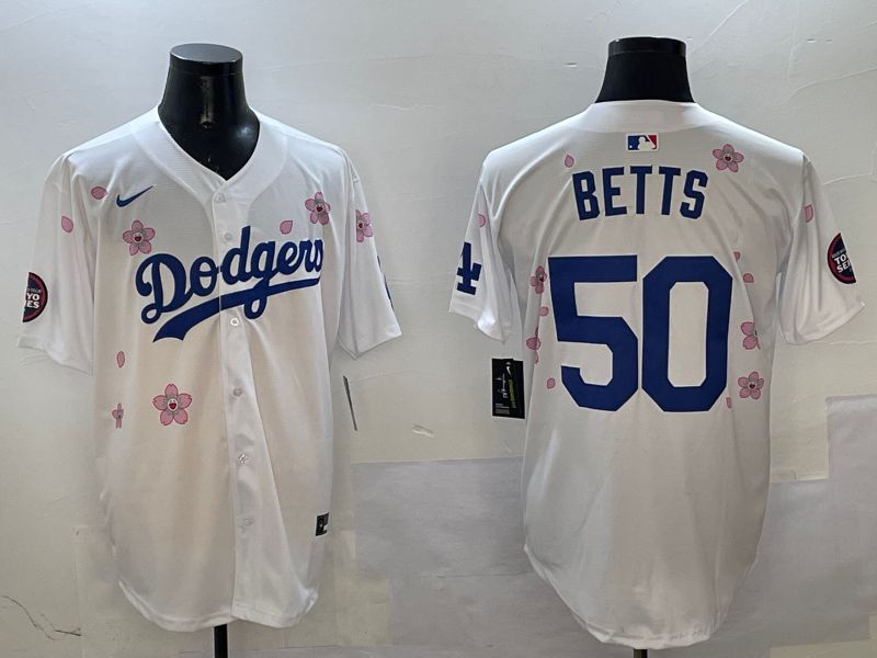 Men Los Angeles Dodgers #50 Betts White Sakura Edition 2025 Nike MLB Jersey style 1